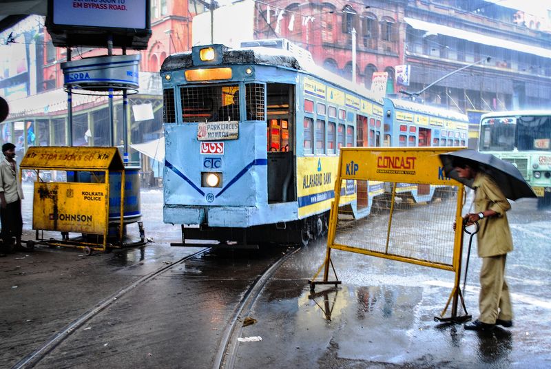 A light-blue and yellow tram on wet tracks in the rain, with a person holding an umbrella beside a yellow barrier, another person at the left and a bus behind