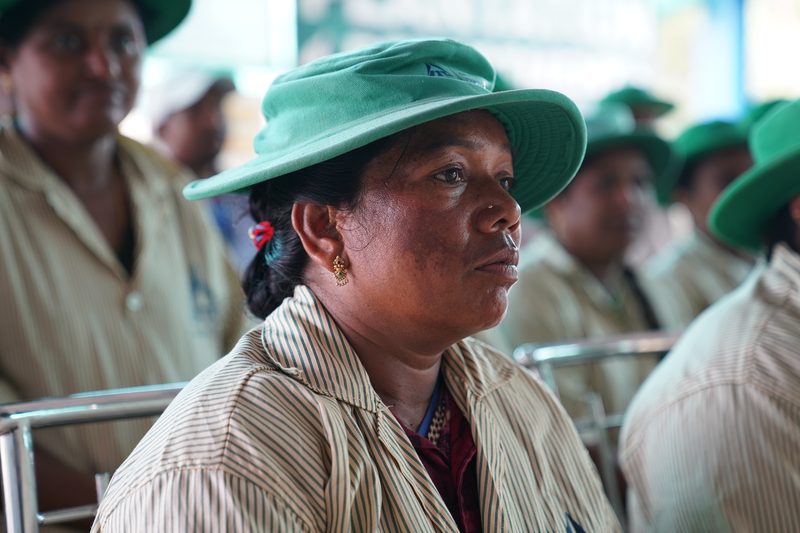 A woman in a green brimmed hat and striped shirt gazes to one side, with others in matching green hats softly blurred behind her.